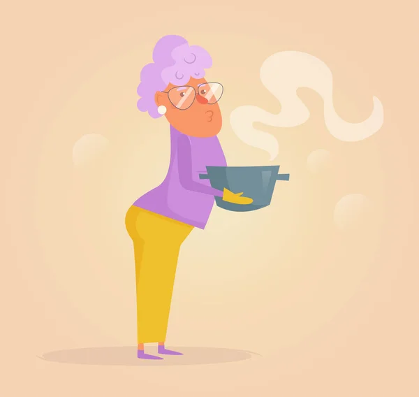 Büyükanne tavada çorba pişirme — Stok Vektör