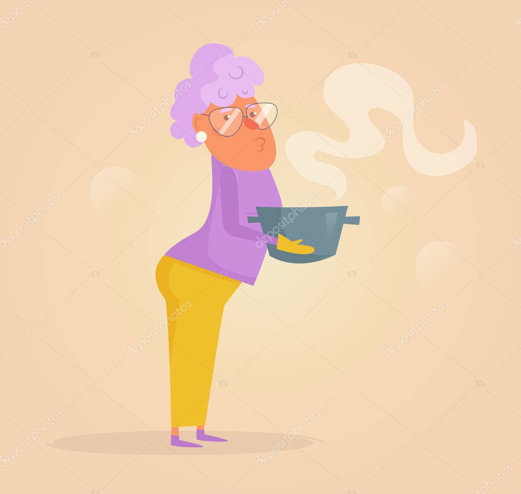 Grandma is cooking soup in the pan Vector. Cartoon. Isolated art on white background. Flat