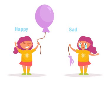 Zıt anlamlı sözcükler. Bir bütün ve bir patlama balon vektör ile mutlu üzgün kız