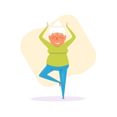 Yaşlı kadın jimnastik vektör. Çizgi film. Beyaz arka plan üzerinde izole sanat. Adam