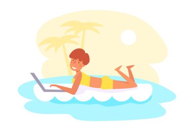 Tatil sırasında freelancing vektör işe. Çizgi film. Beyaz arka plan üzerinde izole sanat.