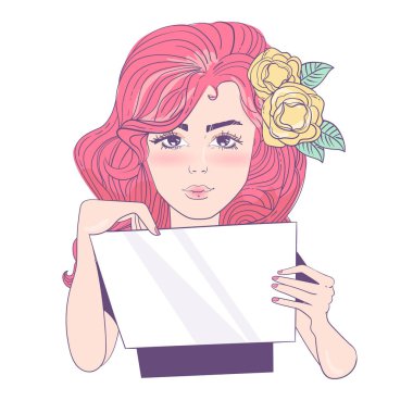 Sevimli kadın elinde posteri ile. Sketch vektör. Çizgi film. İzole sanat