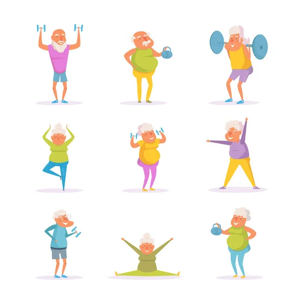 Pessoas idosas definir esporte Vector. Desenhos animados. Arte isolada sobre fundo branco . —  Vetores de Stock