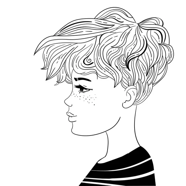 Femme aux cheveux courts. Sketch Vector. Caricature. Art isolé — Image vectorielle