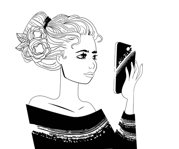 Lány selfie vektor. Elszigetelt art fehér háttér. — Stock Vector