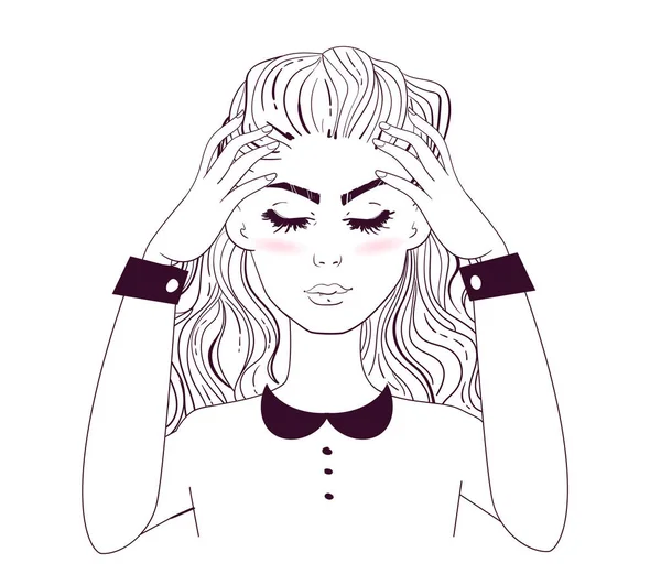 Dolor de cabeza. Sketch Vector. Dibujos animados. Arte aislado Mujer — Vector de stock