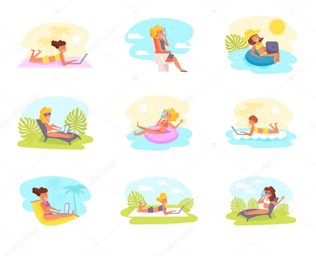 Work during the holidays, freelancing Vector. Cartoon. Isolated art on white background.