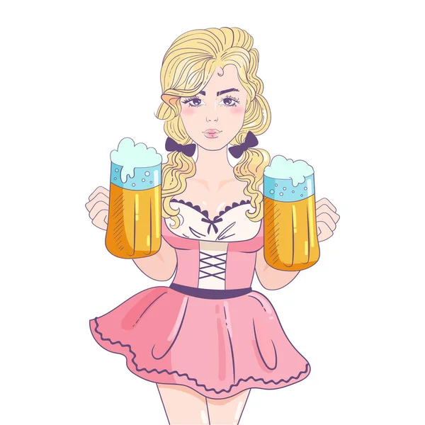 Mulher segurando cerveja. Traje tradicional. Oktoberfest Vector. Desenhos animados. Arte isolada — Vetor de Stock