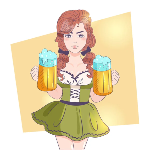 Mulher segurando cerveja. Traje tradicional. Oktoberfest Vector. Desenhos animados. Arte isolada —  Vetores de Stock