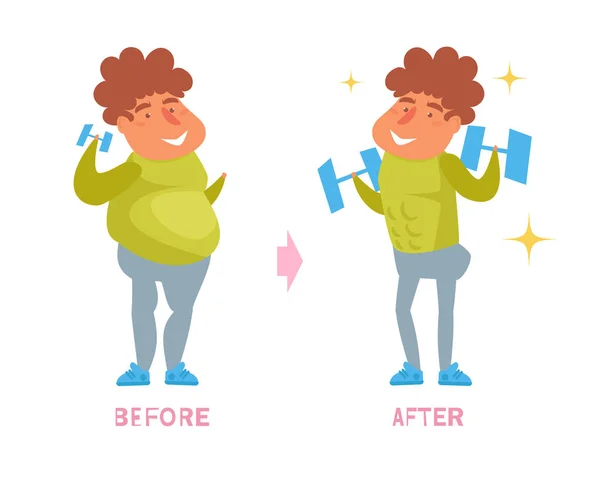 Perte de poids. Avant et après. Vecteur d'obésité. Caricature. Art isolé — Image vectorielle