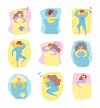 Kişi vektör uyku ile ayarlayın. Çizgi film. Beyaz arka plan üzerinde izole sanat.