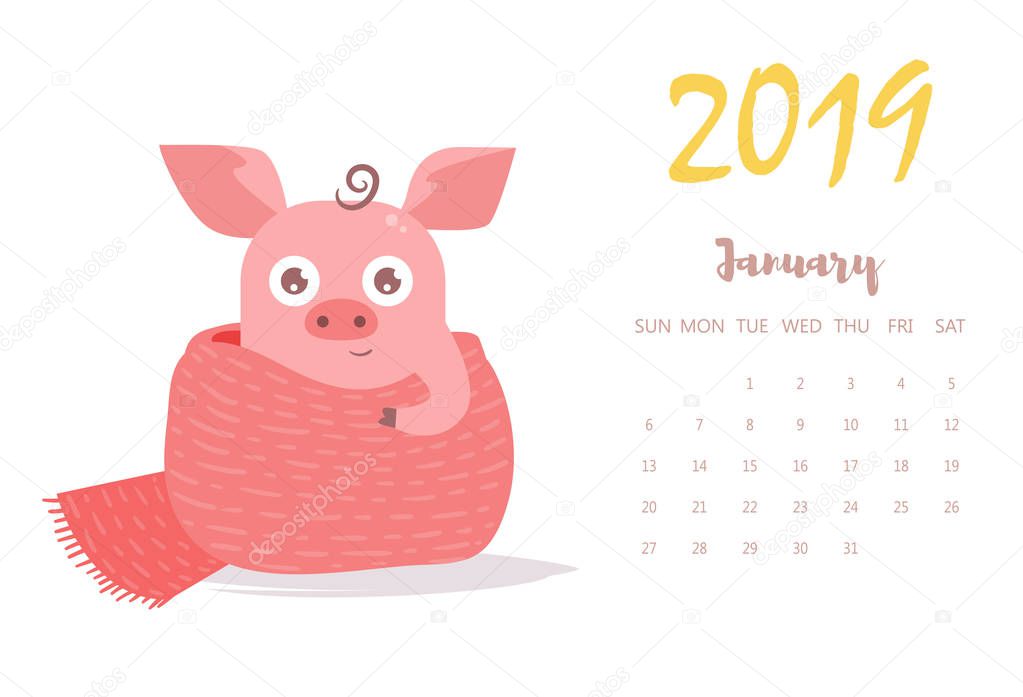 Pig in scarf. Vector. Cartoon. Isolated art on white