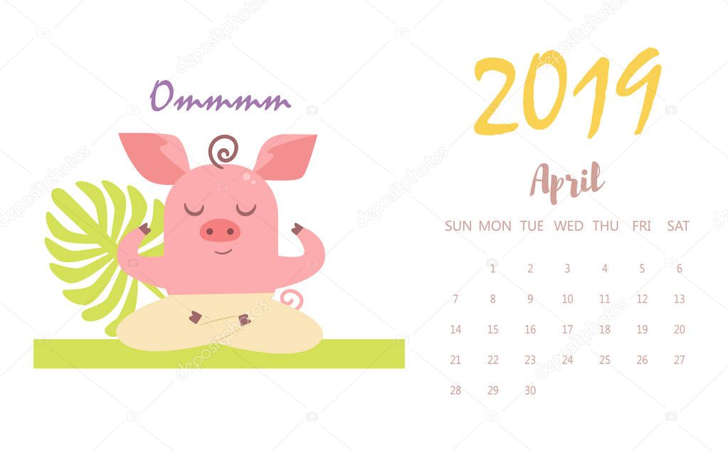Pig Vector. Cartoon. Isolated art Flat April calendar 2019
