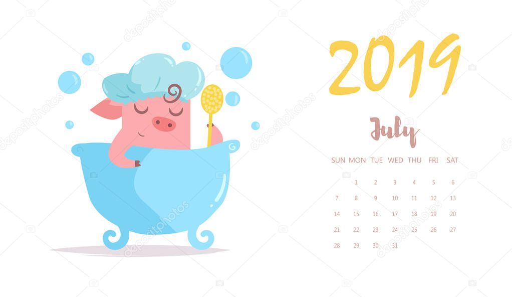 Piggy washes in bathroom. Vector. Cartoon. Isolated art on white background. Flat July calendar 2019