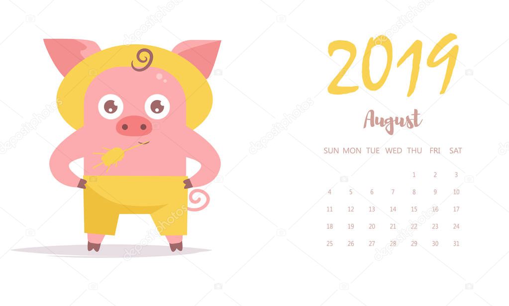 Pig farmer in hat and with Vector. Cartoon. Isolated . August 2019 calendar. Flat