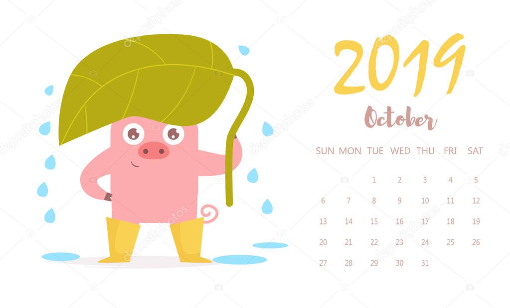 Pig October calendar Vector. Cartoon. Isolated art on white background.