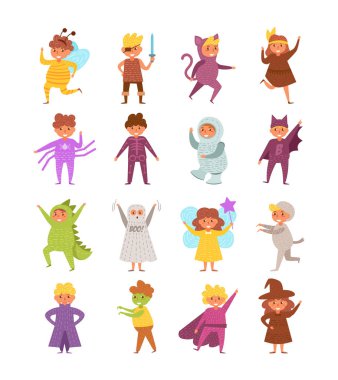 Ayarla koleksiyon vektör çocuk Cadılar Bayramı kostümleri. Çizgi film. Beyaz izole sanat