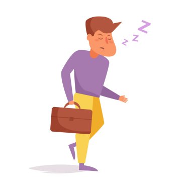 Yorgun bir adam vektör işten eve gidiyor. Çizgi film. Beyaz izole sanat