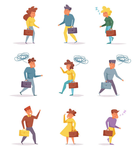 Set with people going home from work Vector. Cartoon. Isolated art