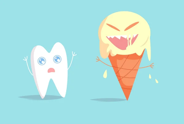 Sensitive tooth is afraid of sweet ice cream Vector. Cartoon — Stock Vector