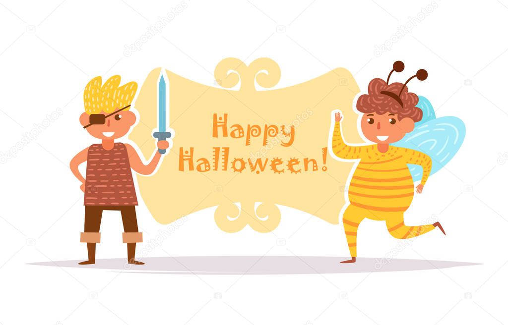 Postcard with children in Halloween costumes Vector. Cartoon. Isolated