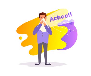 Soğuk, grip, vektör hapşırma. Çizgi film. İzole sanat