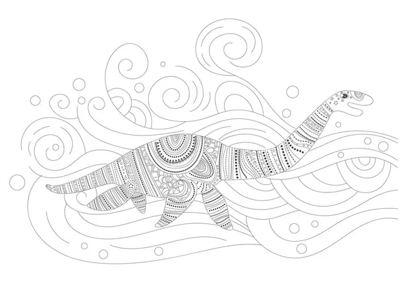 Dinosaure aquatique Coloriage Vecteur. Caricature. Art isolé — Image vectorielle