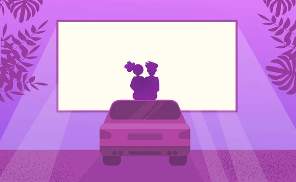 Paar verliefd kijken naar film zittend op de auto. Outdoor cinema nacht — Stockvector