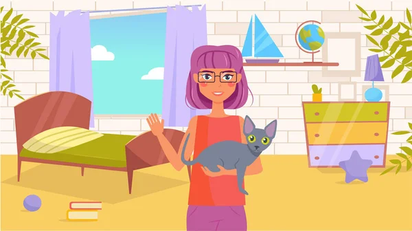 Mulher a viver com um gato Vector. Desenhos animados. Sala de arte isolada —  Vetores de Stock