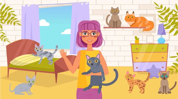 Mulher que vive com muitos gatos Cartoon. Sala de arte isolada —  Vetores de Stock