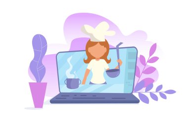 Online video blog kavramı. Eğitim Vlogger vektör yemek. Çizgi film. Beyaz arka plan üzerinde izole sanat.