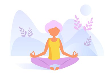 Kadın parkta vektör yoga yapıyor. Çizgi film. Beyaz arka plan üzerinde izole sanat. Düz