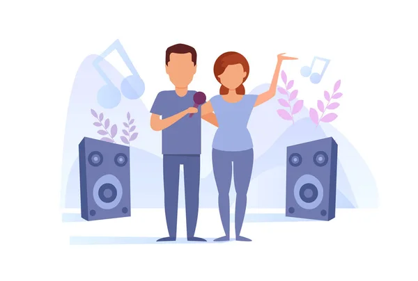 Bărbat şi femeie cântând karaoke Vector. Desene animate. Artă izolată pe fundal alb . — Vector de stoc