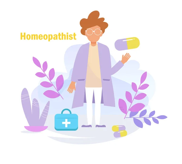 Doctor with pills, medical case and plants. Homeopathist Vector. Cartoon. Isolated art on white background. Flat — Stock Vector