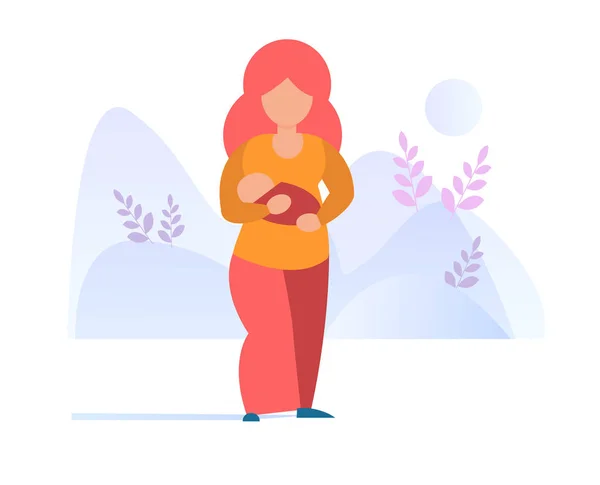 Mujer caminando con un bebé Madre sostiene al bebé en sus brazos Vector. Dibujos animados. Arte aislado sobre fondo blanco . — Archivo Imágenes Vectoriales