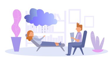 Bir psikoterapist vektör ile oturum. Çizgi film. Beyaz arka plan üzerinde izole sanat. Düz