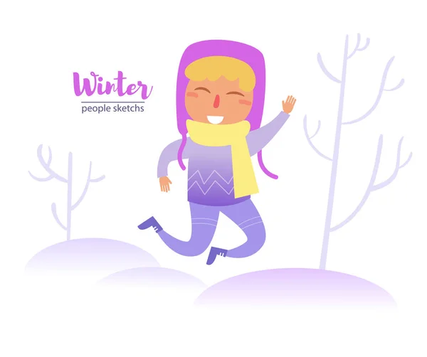 Boy in park in winter jumps Vector. Cartoon. Isolated art on white background. Flat — Stock Vector