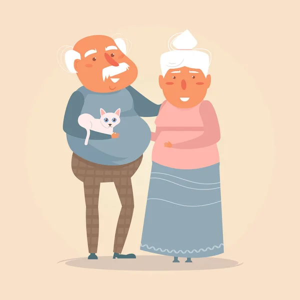 Vieux couple avec chat. Vecteur. Caricature. Art isolé Plat — Image vectorielle