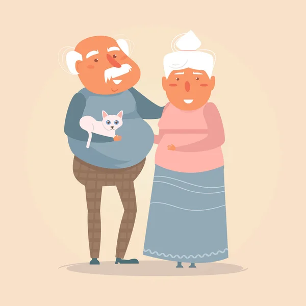 Pareja de ancianos con gato. Vector. Dibujos animados. Arte aislado Piso — Vector de stock