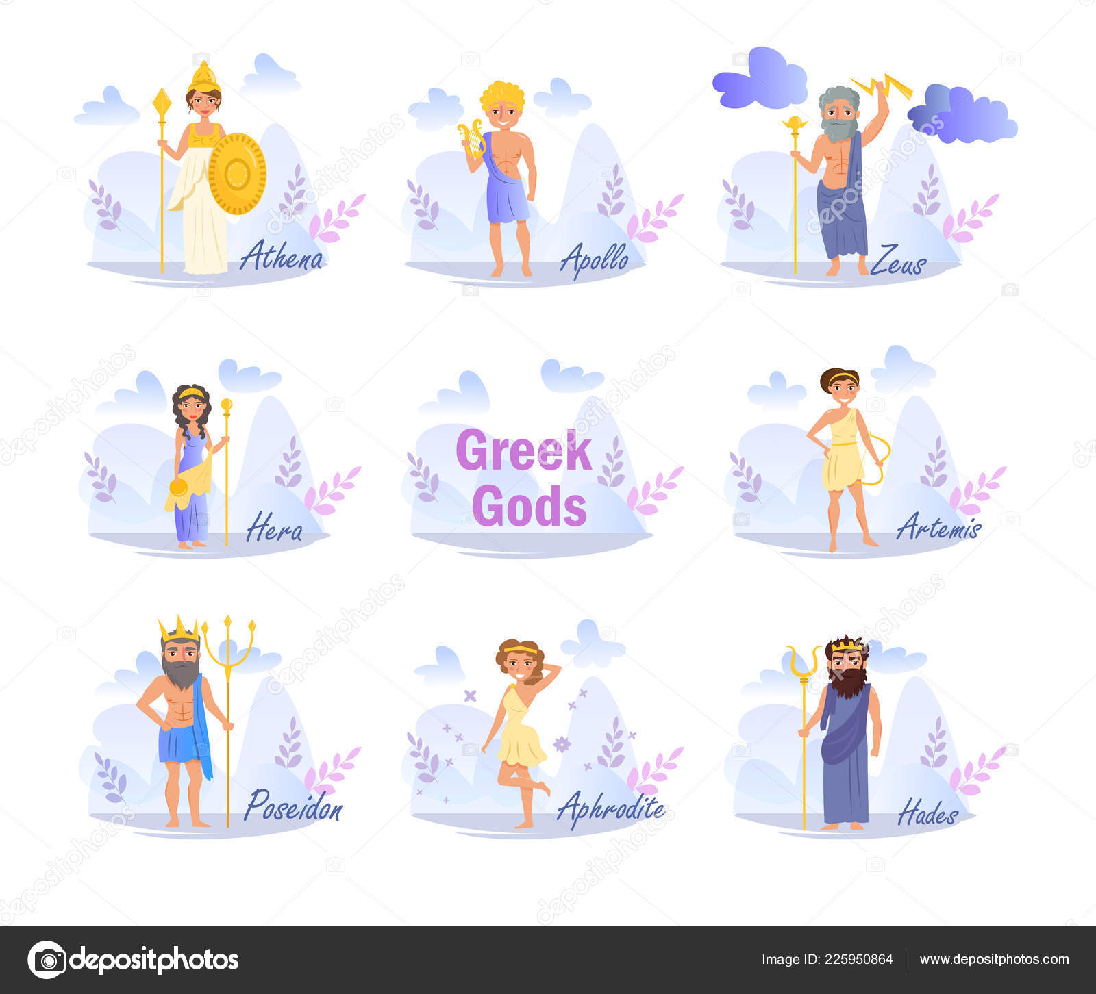 Vector Cartoon Isolated Art On White Background Flat Greek Gods