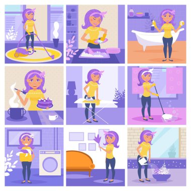 Housewife. Cleaning, cooking, washing, Ironing, watering flowers. Homework. Cleaning lady. clipart