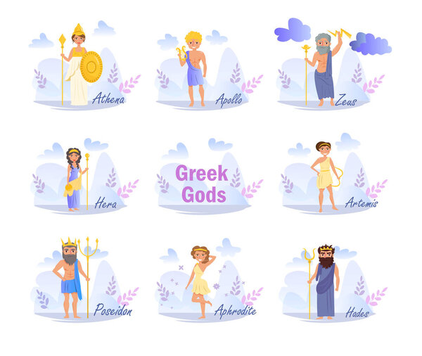 Vector. Cartoon. Isolated art on white background. Flat Greek gods.