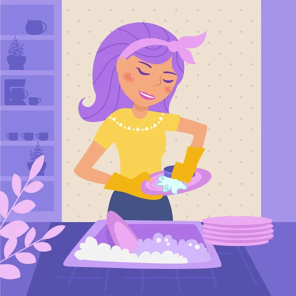 La casalinga lava i piatti Vector. Cartone animato. Donna piatta — Vettoriale Stock