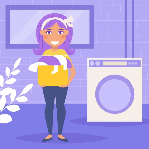 Hausfrau wäscht Kleidung Vektor Illustration. Zeichentrickfigur. isoliert. — Stockvektor