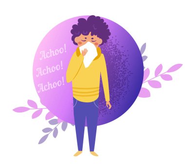 Hapşırık, grip, hastalık, enfeksiyon, vektör yayıldı. Çizgi film. Beyaz arka plan üzerinde izole sanat. Düz