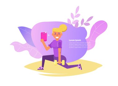 Kadın spor vektör selfie alır. Çizgi film. Beyaz arka plan üzerinde izole sanat. Düz - vektör