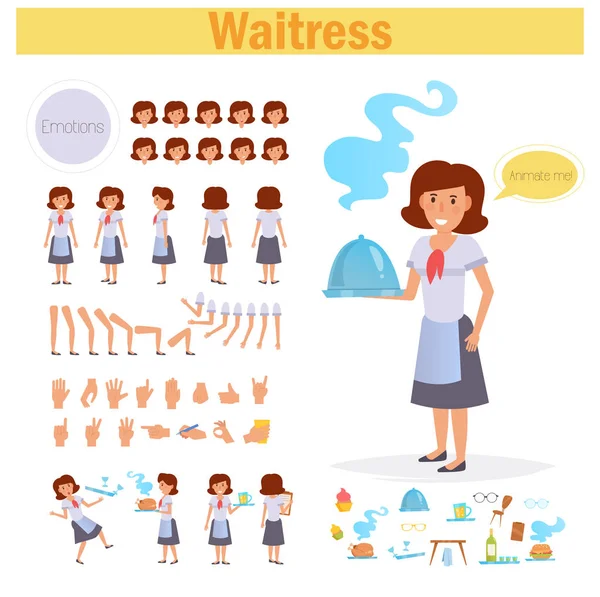 Waitress for animation. Poses front, rear, side, three quarter. Creation set. Collection of emotions. Vector. Cartoon. Isolated art on white background. Flat Different positions of hands — Stock Vector