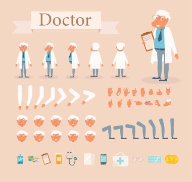 Animasyon için doktor. Ön, arka, yan, üç çeyrek teşkil etmektedir. Oluşturma küme. Duygular topluluğu. Vektör. Çizgi film. Beyaz arka plan üzerinde izole sanat. Elin düz farklı pozisyonlar