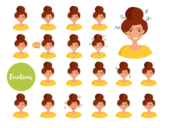 Mujer con diferentes emociones. Alegría, tristeza, ira, hablar, gracioso, miedo, sonrisa. Listos. Ilustración aislada sobre fondo blanco. Vector. Dibujos animados. Plano. Expresiones faciales — Vector de stock