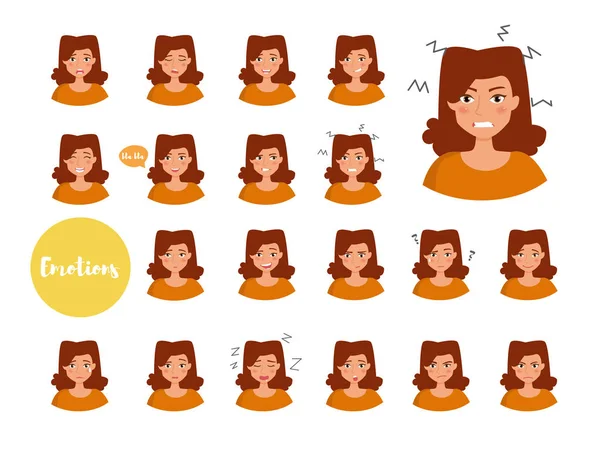 Woman with different emotions. Joy, sadness, anger, talking, funny, fear, smile. Set. Isolated illustration on white background. Vector. Cartoon. Flat. Face expressions — Stock Vector
